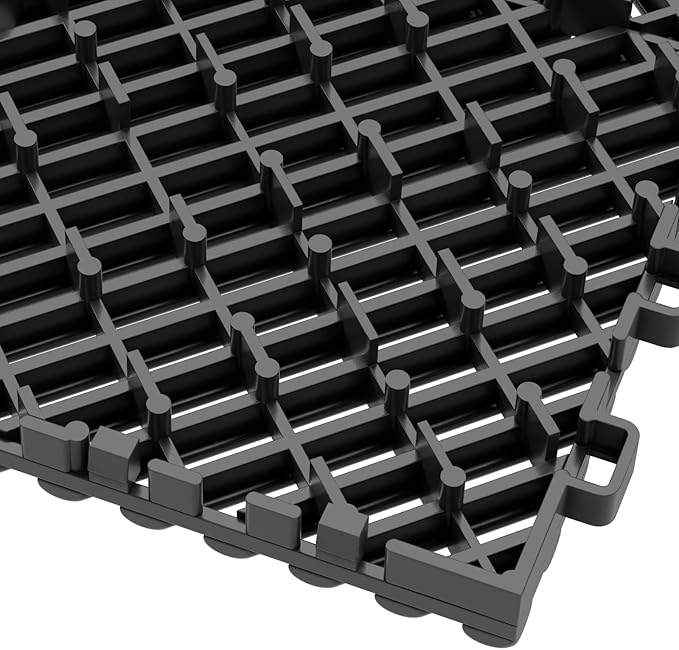 12-Pcs Interlocking Tile, 12" x 12" Indoor/Outdoor Self-Drainage Interlocking Floor Tiles, Non-Slip Heavy-Duty Polypropylene Splicing Flooring Tile for Garage Patio Pool Bathroom, Black