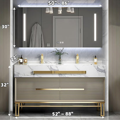 Bathroom Vanity with Sink - Modern Single/Double Sink Bathroom Vanity Cabinet & Smart Defogger Mirror Cabinet Set, Multi-Layer Solid Wood Material | Floor-Mounted Installation (Double Sink,76")