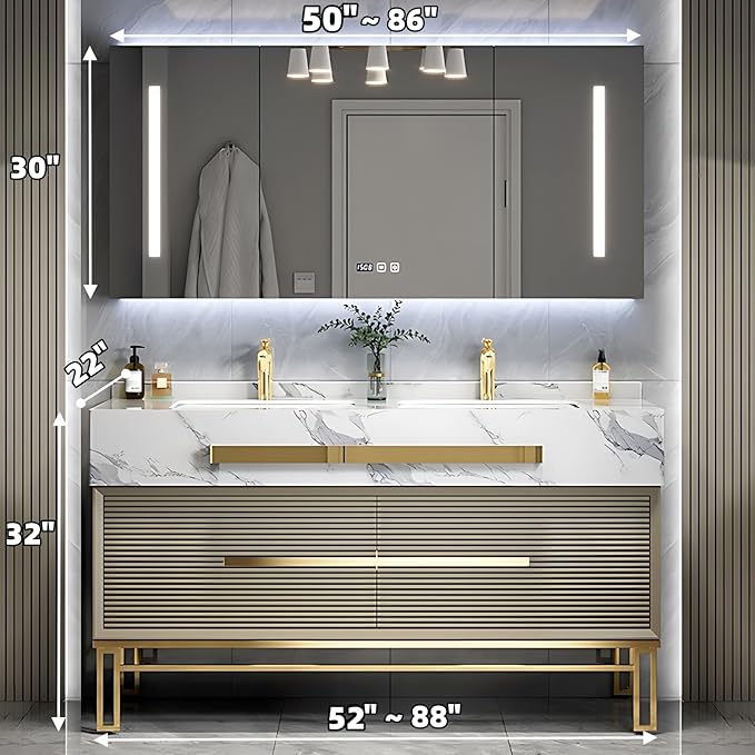 Bathroom Vanity with Sink - Modern Single/Double Sink Bathroom Vanity Cabinet & Smart Defogger Mirror Cabinet Set, Multi-Layer Solid Wood Material | Floor-Mounted Installation (Double Sink,68")