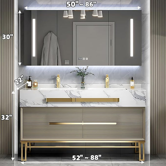 Bathroom Vanity with Sink - Modern Single/Double Sink Bathroom Vanity Cabinet & Smart Defogger Mirror Cabinet Set, Multi-Layer Solid Wood Material | Floor-Mounted Installation (Double Sink,80")