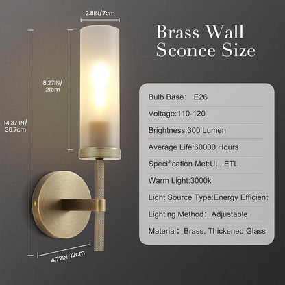 15" Hardwired Frosted Glass 2 PC Bathroom Wall Sconces, Handmade Knurled Brass Wall Light Fixture,Modern Vanity Light for Living Room,Hallway, Bedroom, Indoor Sconces