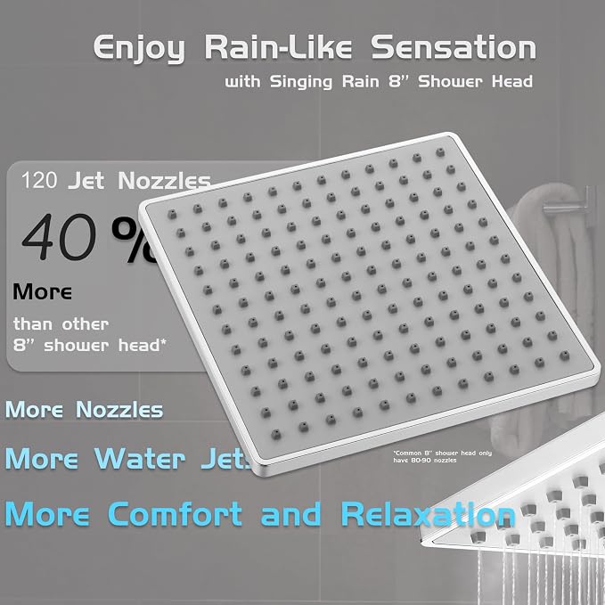 Rain Shower Head, 8'' High Pressure Rainfall Square Showerhead with 15'' Shower Head Extension Arm, 304 Stainless Steel Adjustable Shower Arm Extender, Rainfall Waterfall Fixed Showerheads, Chrome