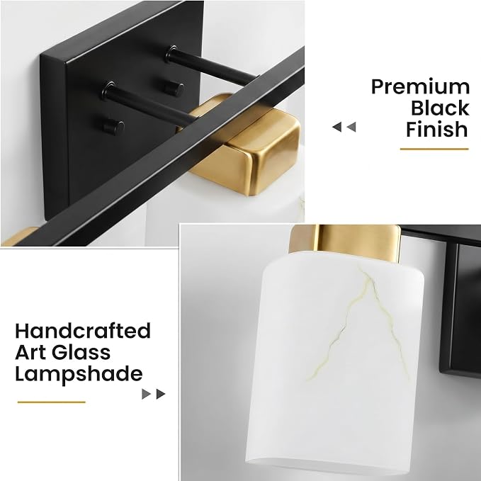 5-Light Square Bathroom Light Fixture, Black and Gold Modern Vanity Light with White Marble Glass Shade, for Bathroom Mirror, Living Room, Bedroom, Hallway, E26 Base