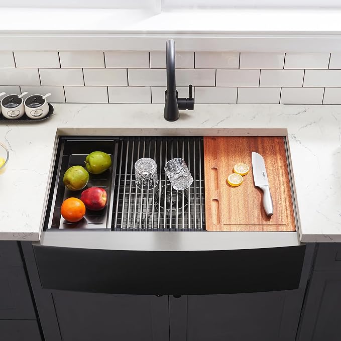 Black Farmhouse Sink 33 Inch - VALISY 33x22 Apron Front Farmhouse Kitchen Sinks 16 Gauge Stainless Steel Undermount Ledge Workstation Deep Single Bowl Luxury Rustic Farm Sinks with All Accessories