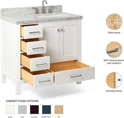 ARIEL Cambridge 36-inch Bathroom Vanity with Sink,Solid Wood, 1.5-inch Italian Carrara Marble Countertop, Single Rectangular Porcelain Sink, 2 Soft Closing Doors, 5 Dovetail Drawers, White