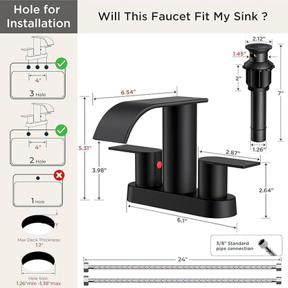 FORIOUS Matte Black Bathroom Faucets, Waterfall 4 Inch Centerset Bathroom Sink Faucet with Metal Pop up Drain and cUPC Hose for Basin, Vanity, RV, Pedestal 2 or 3 Hole Sink, 2 Pack