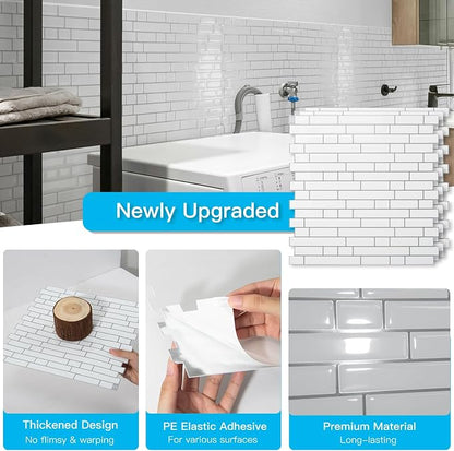 Art3d Linear Tile Peel and Stick Backsplash, 10-Pack, White with Gray Grout | 12 x 12 Inch, Enhanced Thickness, Warp Resistant, Strong Adhesion, Sturdy, for Kitchen, Bedroom, Ideal for Home Improvement