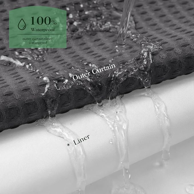 Charcoal Grey Hook Free Waffle Shower Curtain & Snap Liner,72x75 | Less Time to install, 3 in 1 Fabric Shower Curtain and Liner Set with Magnets, Mesh Top Window, Shower Curtains for Bathroom