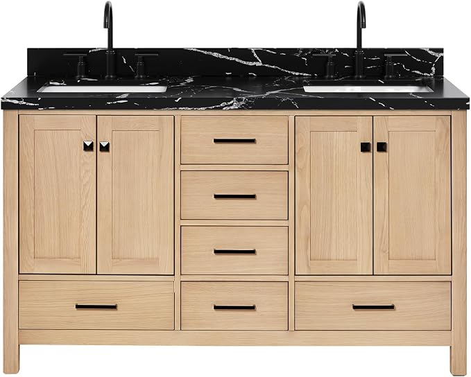 ARIEL Cambridge 60 Inch Double Rectangle Sink Bathroom Vanity with Nero Marquina Black Quartz Countertop 1.5 Inch in Natural Oak