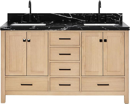 ARIEL Cambridge 60 Inch Double Rectangle Sink Bathroom Vanity with Nero Marquina Black Quartz Countertop 1.5 Inch in Natural Oak