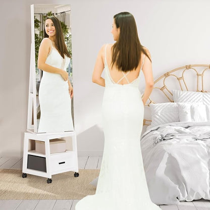 GAOMON 360° Swivel Jewelry Cabinet With Led Lights, Inside Makeup Mirror, Rotatable Full Length Mirror With Jewelry Storage,Lockable Standing Jewelry Armoire Organizer With Drawer and Wheels, White