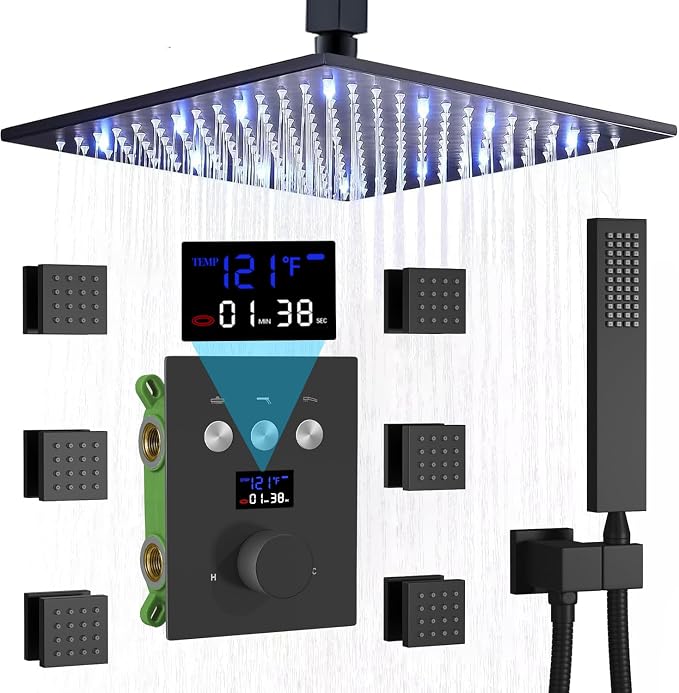 AYIVG Thermostatic Shower System with 6PCS Body Jets Matte Black Temperature Displa Shower Faucet Set Ceiling Shower System with Push Button Diverter LED 12 Inch Rain Shower Head with Handheld Spray