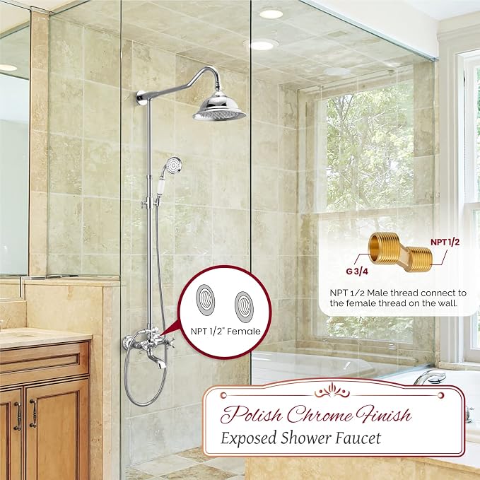 gotonovo Vintage Exposed Shower Faucet Set with Tub Spout,Polish Chrome | Bathtub 8” Shower Head with Handheld System Fixtures Combo Kit,360°Rotation,Fast Filler,Extra Extension Tube,for 5-6.7" Hole