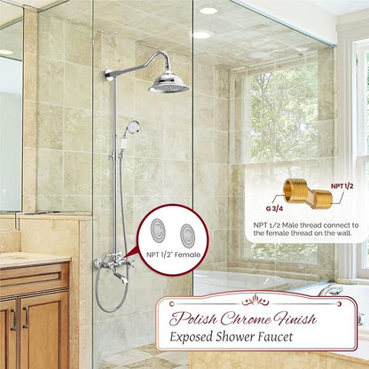 gotonovo Vintage Exposed Shower Faucet Set with Tub Spout,Polish Chrome | Bathtub 8” Shower Head with Handheld System Fixtures Combo Kit,360°Rotation,Fast Filler,Extra Extension Tube,for 5-6.7" Hole