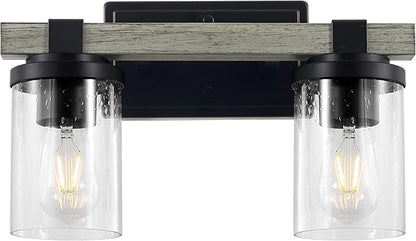 JONATHAN Y 15" Black/Gray Oak Wood Finish LED Vanity Light, Rustic Farmhouse Sconce, Clear Seeded Glass Shade, Industrial Wall Lamp for Bathroom Mirror, Kitchen Sink, LED Bulb (JYL7508B)