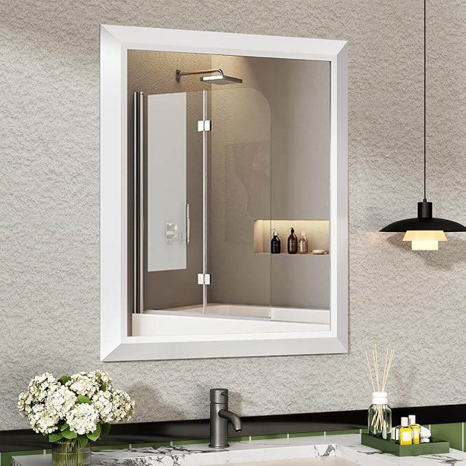 SMIROR 24x28 Matte White Bathroom Vanity Mirror for Over Sink | Metal Wide Frame, Rectangle, Right- Angle Corner, Anti-Rust, Horizontally or Vertically Wall- Mounted for Home Remodel