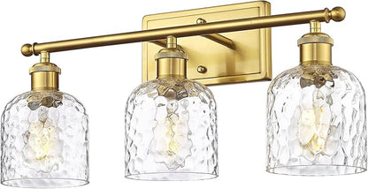 zeyu 21 Inch Bathroom Wall Sconce, 3 Light Sconces Wall Lighting Over Mirror, Brushed Gold Finish with Clear Hammered Glass, ZJF63B-3W BG
