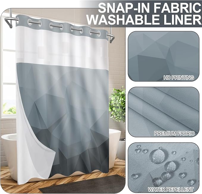 No Hook Shower Curtain with Snap in Liner Set, Grey, 71x86 | Waterproof Fabric for Bathroom, Modern Hotel Style Ombre Design, Mesh Top Window, Machine Washable, Quick Install