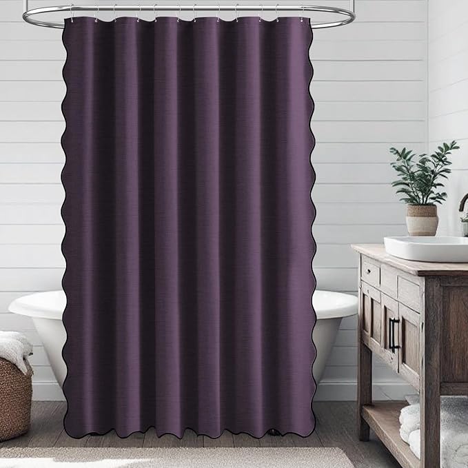 BTTN Purple Boho Scalloped Linen Textured Cloth Shower Curtain Set, 72x72 | 230GSM Waterproof Polyester, Heavy Duty Fabric, 12 Plastic Hooks, Modern Farmhouse Style, Machine Washable, Bathroom Decor