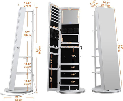IRONCK 360° Swivel Jewelry Cabinet with Full-Length Mirror, Power Outlet | Lockable Standing Jewelry Organizer with Rear Storage Shelves, Interior Mirror, LED Lights, White