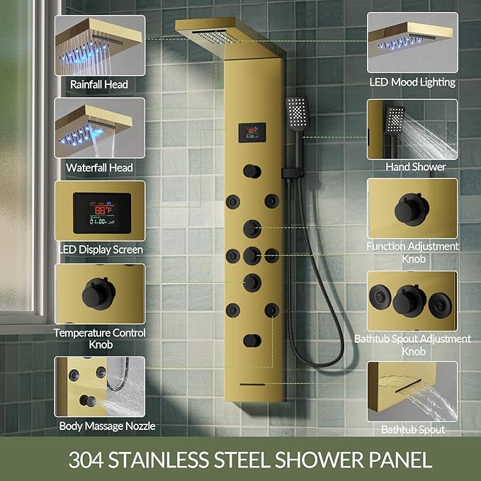 Shower Panel Tower System Stainless Steel LED Rainfall Waterfall Shower Head 5-Function Faucet Rain Massage System Wall Mount with 8 Body Jets, Handheld, and Tub Spout, Gold