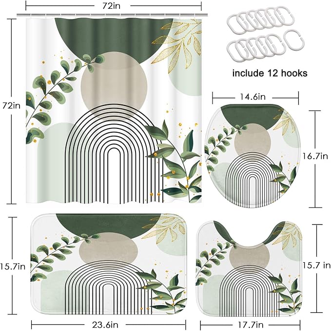 Bathroom Sets with Shower Curtain and Rugs, 4 Pcs, Boho Sage | Green Abstract Botanical Mid Century Bathroom Decor Set with Toilet Lid Cover, Non-Slip Bath Mats and Accessories 12 Hooks