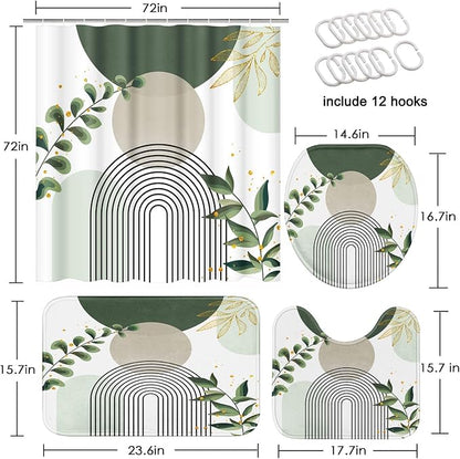 Bathroom Sets with Shower Curtain and Rugs, 4 Pcs, Boho Sage | Green Abstract Botanical Mid Century Bathroom Decor Set with Toilet Lid Cover, Non-Slip Bath Mats and Accessories 12 Hooks