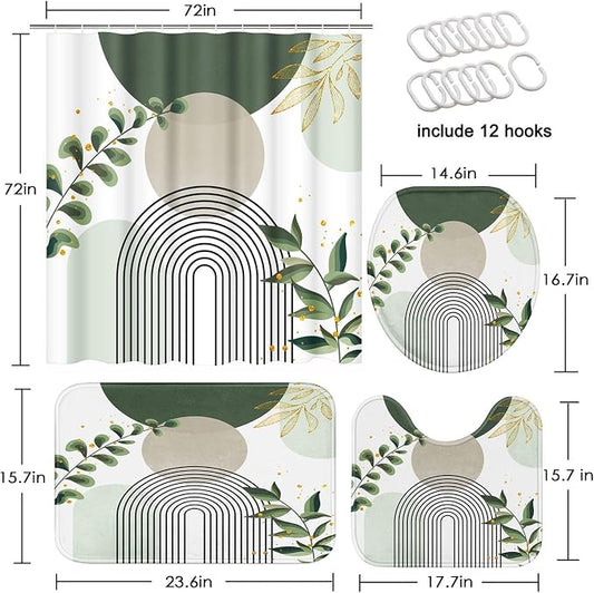 Bathroom Sets with Shower Curtain and Rugs, 4 Pcs, Boho Sage | Green Abstract Botanical Mid Century Bathroom Decor Set with Toilet Lid Cover, Non-Slip Bath Mats and Accessories 12 Hooks