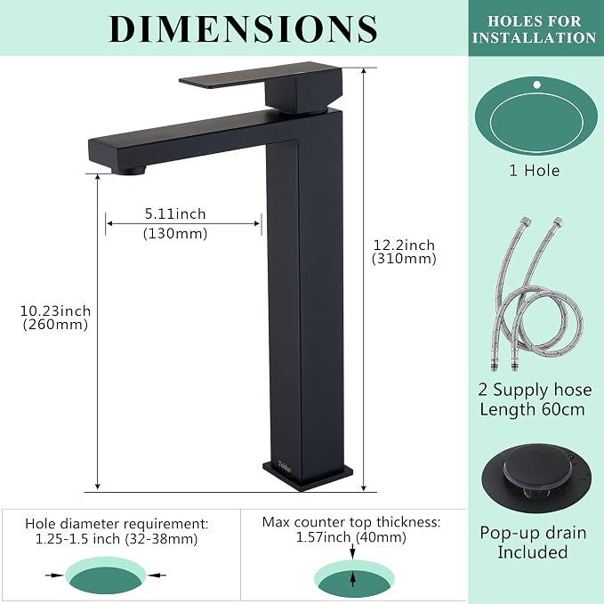 Tohlar Black Bathroom Faucet, Single Hole Sink Faucet with Pop Up Drain | Bathroom Sink Faucets for 1 Hole, Matte Black Single Handle Vanity Basin Faucet with Water Supply Lines, Stainless Steel