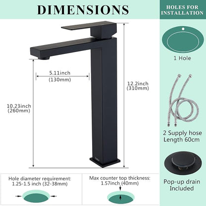 Tohlar Black Bathroom Faucet, Single Hole Sink Faucet with Pop Up Drain | Bathroom Sink Faucets for 1 Hole, Matte Black Single Handle Vanity Basin Faucet with Water Supply Lines, Stainless Steel