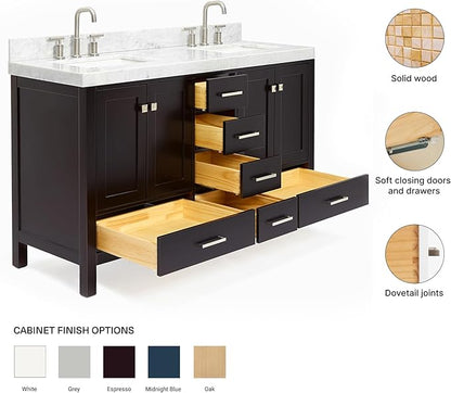 ARIEL Cambridge 60-inch Bathroom Vanity with Sink,Solid Wood, 2-inch Italian Carrara Marble Countertop, Double Rectangular Porcelain Sink, 4 Soft Closing Doors, 6 Dovetail Drawers, Espresso