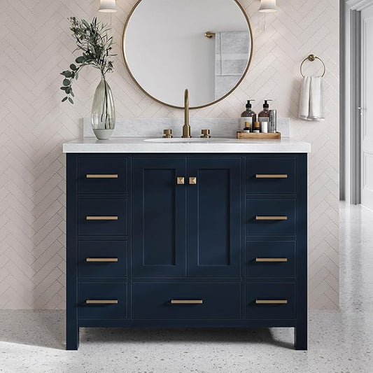 ARIEL Cambridge 42-inch Bathroom Vanity with Sink,Solid Wood, 1.5-inch Italian Carrara Marble Countertop, Single Oval Porcelain Sink, 2 Soft Closing Doors, 9 Dovetail Drawers, Midnight Blue