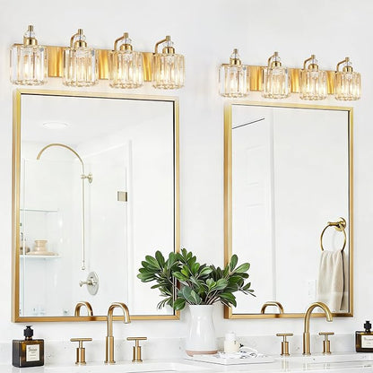 4-Light Modern Vanity Lights Brushed Brass Bathroom Light Fixtures Over Mirror Gold Bathroom Vanity Lighting with Crystal Shade E26 Base Wall Sconce for Bedroom Living Room Restroom Wall Lamp