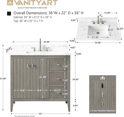 Vanity Art 36 inch Bathroom Vanity with Single Sink & Ceramic Top, Vanity Cabinet with Soft-Closing Door, Solid Wood Frame, Linear Pattern, Driftwood Gray, VA9136-DG-MB,Matte Black Handles