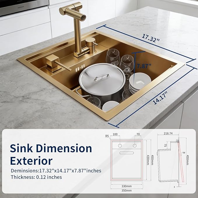 Gold Bar Sink, 17.32×14.17×7.87 Inch Small Portable Utility Single Bowl Outdoor Camper RV Kitchen Sink with Foldable Faucet and Cover Plate