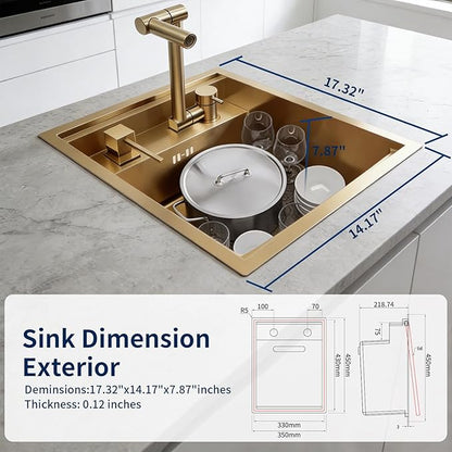 Gold Bar Sink, 17.32×14.17×7.87 Inch Small Portable Utility Single Bowl Outdoor Camper RV Kitchen Sink with Foldable Faucet and Cover Plate