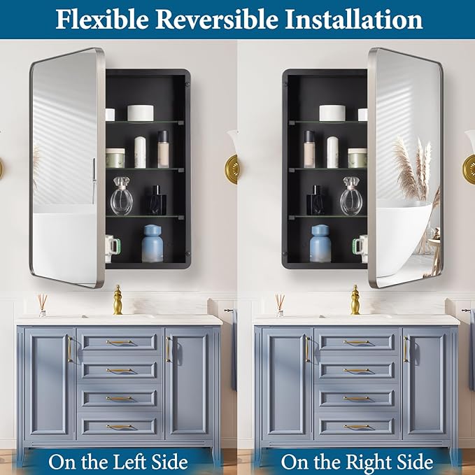 16’’x26’’ Medicine Cabinet,Metal Framed Medicine Cabinet Mirror with Round Corner,Recessed and Surface Mount Bathroom Mirror with Storage, Removeable Shelves,Sliver