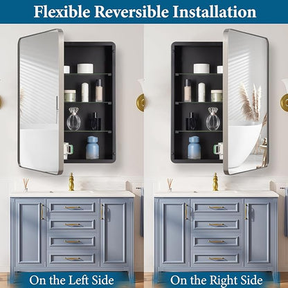 16’’x26’’ Medicine Cabinet,Metal Framed Medicine Cabinet Mirror with Round Corner,Recessed and Surface Mount Bathroom Mirror with Storage, Removeable Shelves,Sliver