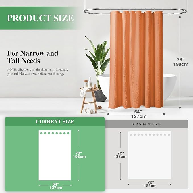 Stall Waffle Shower Curtain 256GSM Heavy Fabric 54x78 Burnt Orange | 54 x 78 Inch Long, Thick Cloth, Weighted Hem, Water Repellent, Hotel Luxury Polyester Shower Curtains for Bathroom 10 Hooks