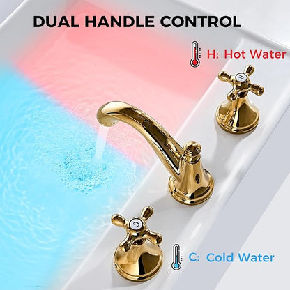 Vintage Widespread Bathroom Faucet, Gold 3-Hole Sink Faucet with Drain Assembly, Solid Brass, Drip-Free Ceramic Cartridge, Adjustable 8-16 Inch Installation
