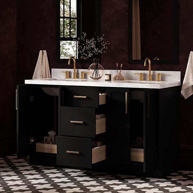 ARIEL Loren 60-inch Bathroom Vanity with Sink,Solid Wood, 1.5-inch Italian Carrara Marble Countertop, Double Rectangular Porcelain Sink, 4 Soft Closing Doors, 3 Dovetail Drawers, Black