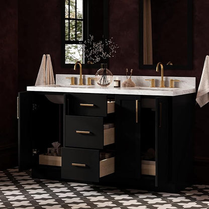 ARIEL Loren 60-inch Bathroom Vanity with Sink,Solid Wood, 1.5-inch Italian Carrara Marble Countertop, Double Rectangular Porcelain Sink, 4 Soft Closing Doors, 3 Dovetail Drawers, Black