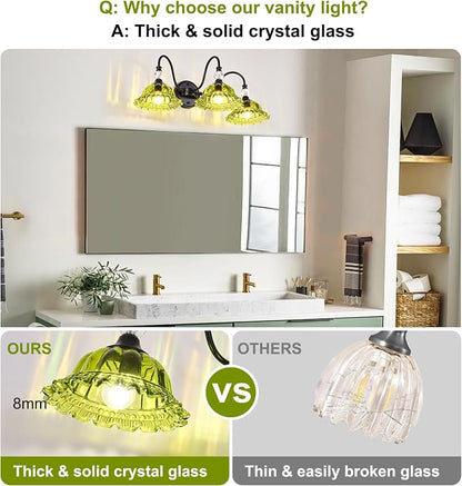 Vintage Bathroom Vanity Light Fixtures 3 Lights Matte Black Vanity Lights for Bathroom with Floral Green Crystal Glass Shades Vanity Wall Lights for Mirror Bedroom Living Room Hallway