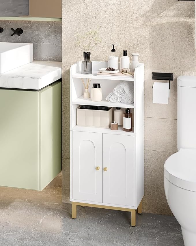 Hzuaneri Bathroom Storage Cabinet, Small Floor Cabinet with 2 Door | Toilet Paper Cabinets, Bathroom Organizer with Adjustable Shelf, for Small Spaces White, Arch Door,7.1" Dx14.6 Wx32.7 H