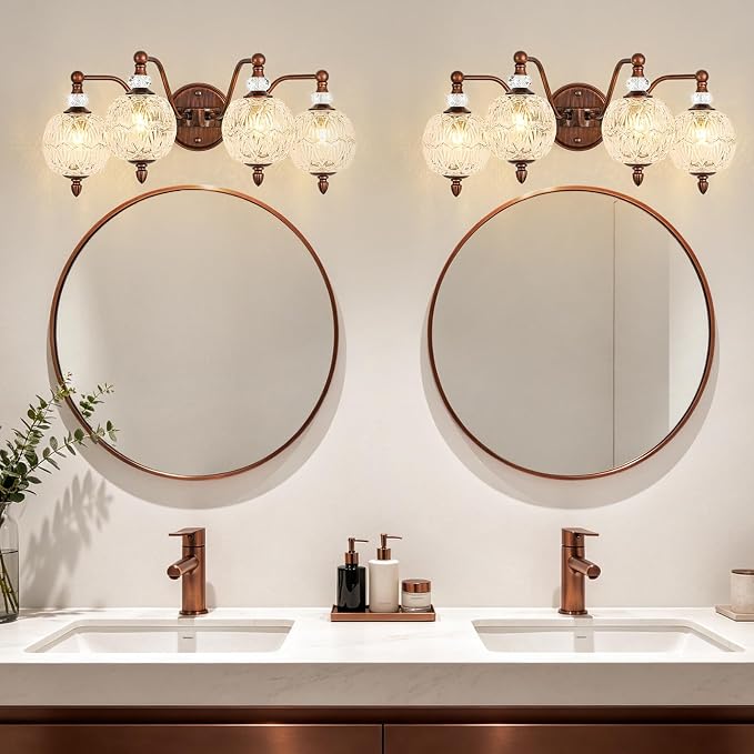 Vintage Bathroom Vanity Light, 4-Light Antique Red Bronze Finish Wall Sconce with Globe Glass Shades, Retro Mirror Light for Bathroom, Powder Room