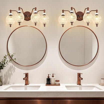 Vintage Bathroom Vanity Light, 4-Light Antique Red Bronze Finish Wall Sconce with Globe Glass Shades, Retro Mirror Light for Bathroom, Powder Room