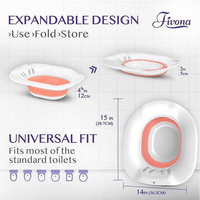 Fivona Sitz Bath for Toilet Seat Postpartum and Hemorrhoids Care - Yoni Steam Seat - Foldable Basin for Epsom Salt Soak - Portable Bidet BPA Free Temperature Resistant - Universal Fit - Pink