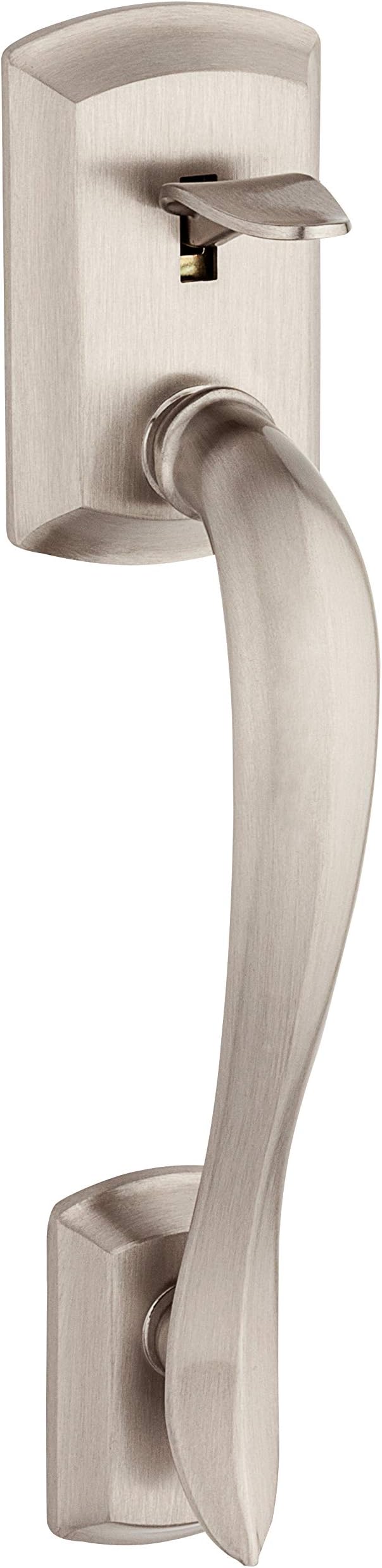 Kwikset Avalon Front Door Handle No Lock, Entry Handleset Exterior with Interior Reversible Handed Lever, Non-Locking, Satin Nickel, Deadbolt Not Included, with Microban Protection