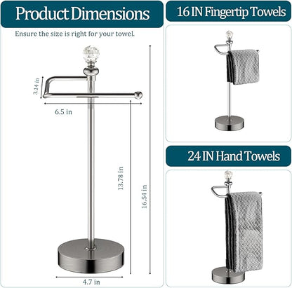 ROLABAM Heavy Weighted Hand Towel Holder (with Crystal Ball) Hand Towel Holder Stand Total Height 16.54'' for Kitchen, Bathroom and Countertops, Classic Metal Fingertip Towel Holder, Brushed Nickel