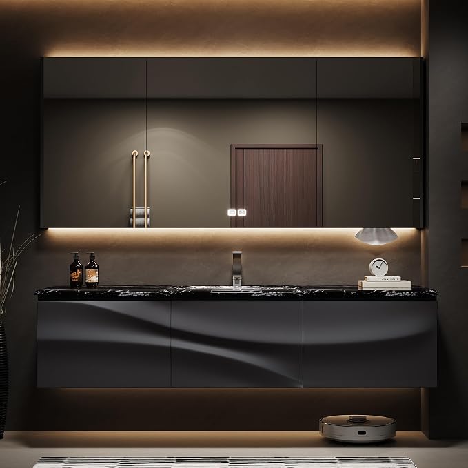 Single/Double Sink Bathroom Vanity, Solid Wood Vanity with Smart Defog Mirror Cabinet, Floating Vanity Cabinet with Storage